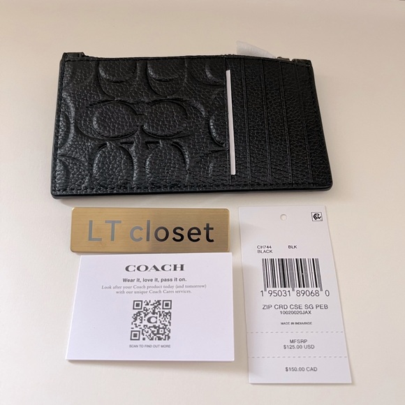 NWT Coach CH744 Zip Card Case In Signature Leather Wallet Card Holder Black $125 - Picture 2 of 4